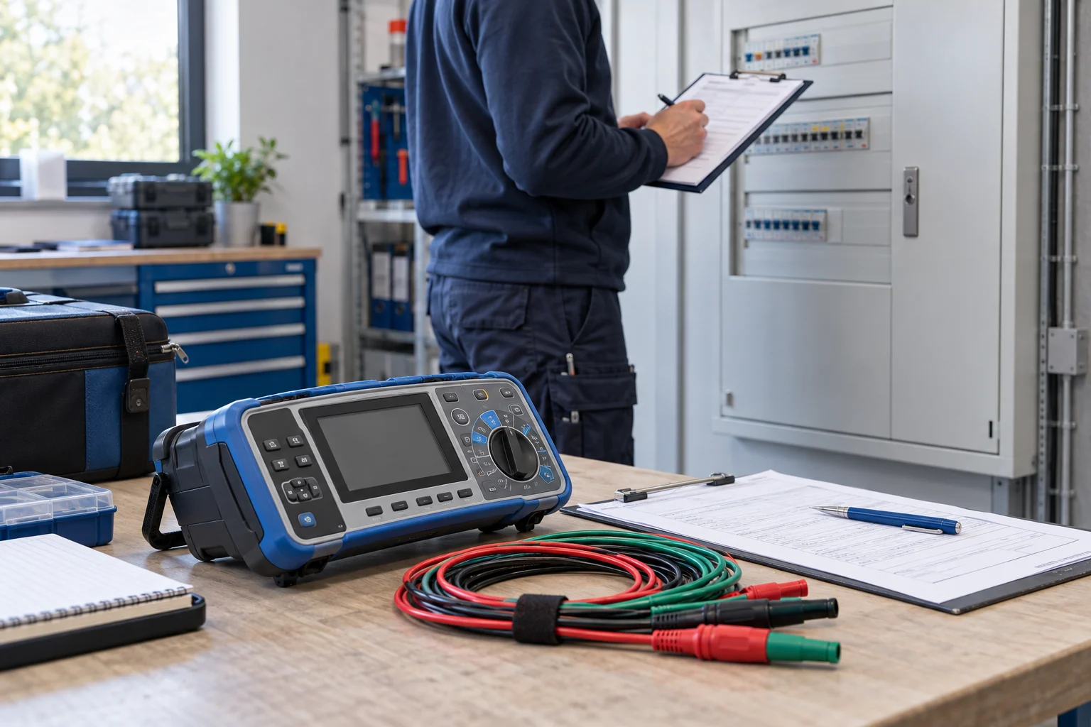 Illustration: Prüfgerät und Unterlagen bei der Vorbereitung einer elektrotechnischen Prüfung
