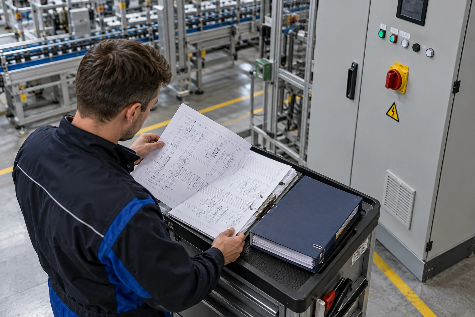 Illustration: Elektrotechnische Organisation mit Schaltplan und Dokumentation