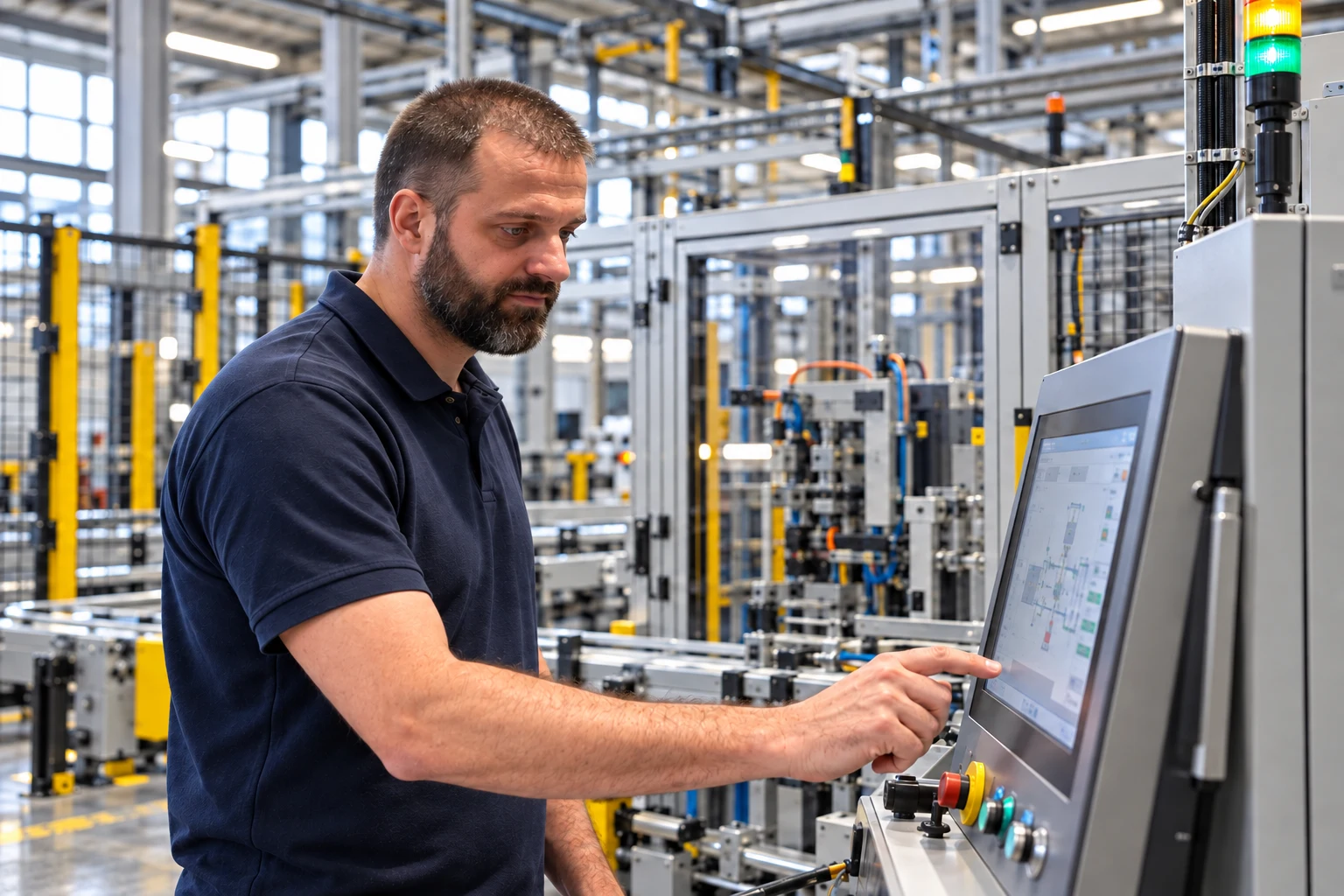 KI-gestaltete Szene: Tobias Schier bei der Kontrolle einer Produktionsanlage am Bedienpanel